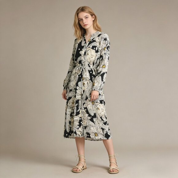 Johnny Was Dresses & Skirts - NWOT JOHNNY WAS Biya Silk Long Sleeves Floral Midi Dress Boho Chic Sz S